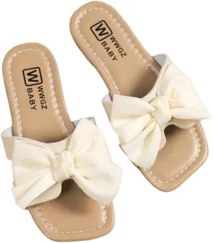 OYOANGLE Girl's Cute Bowknot Square Open Toe Slide Sandals Summer Leather Slippers