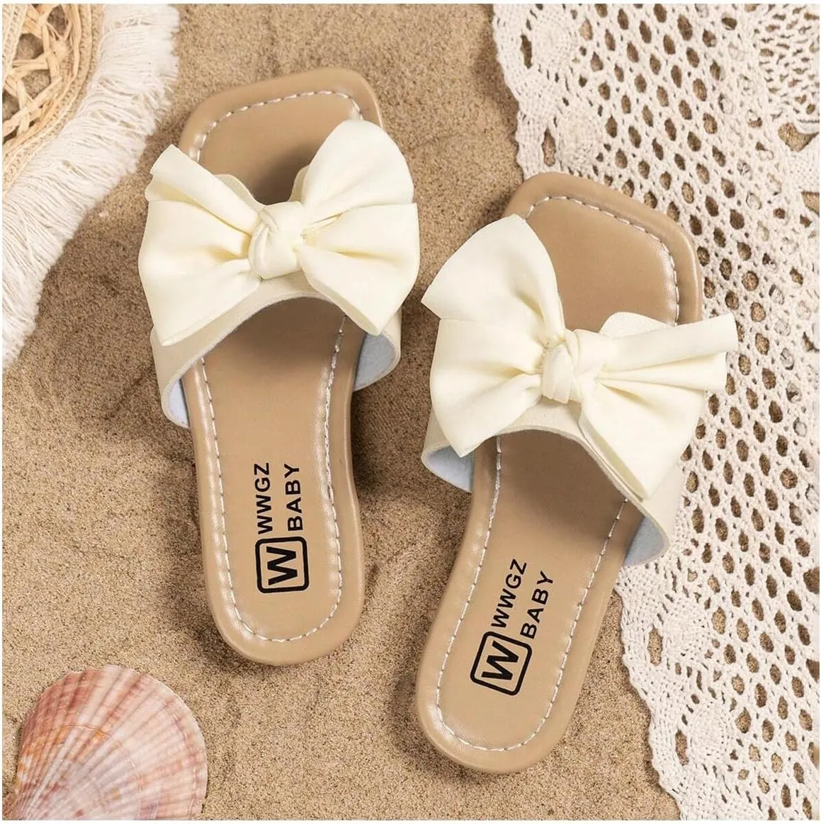 OYOANGLE Girl's Cute Bowknot Square Open Toe Slide Sandals Summer Leather Slippers