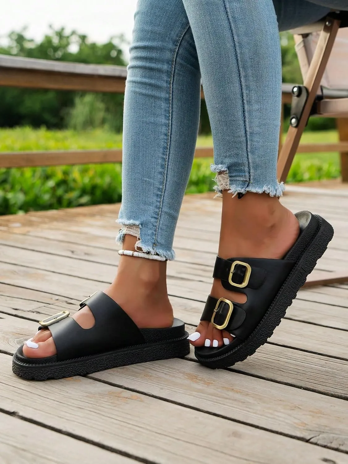 OYOANGLE Women's Adjustable Double Buckle Open Toe Footbed Sandals Comfortable Outdoor Platform Sandals