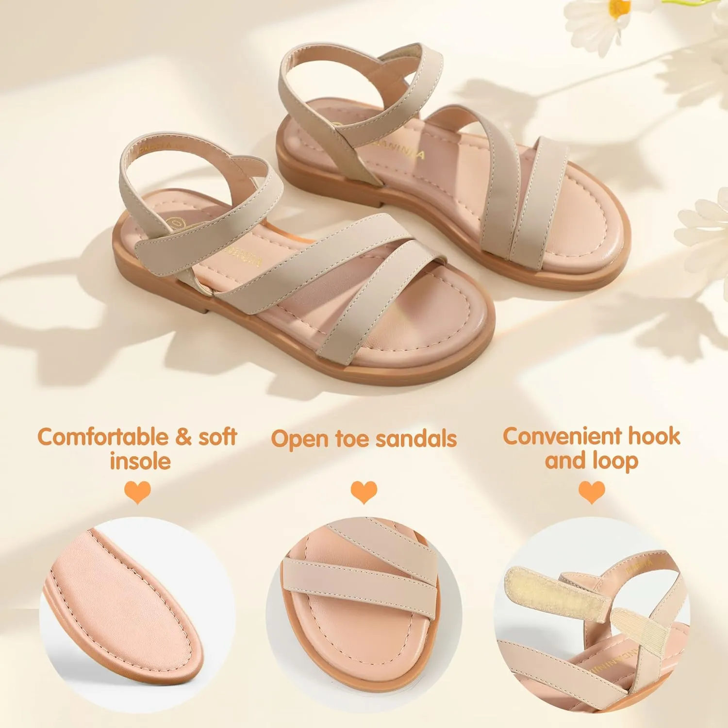 PANDANINJIA Girls Sandals Monica Summer Open Toe Flats Shoes Dress Sandals for Toddler Little Kid Big Kid