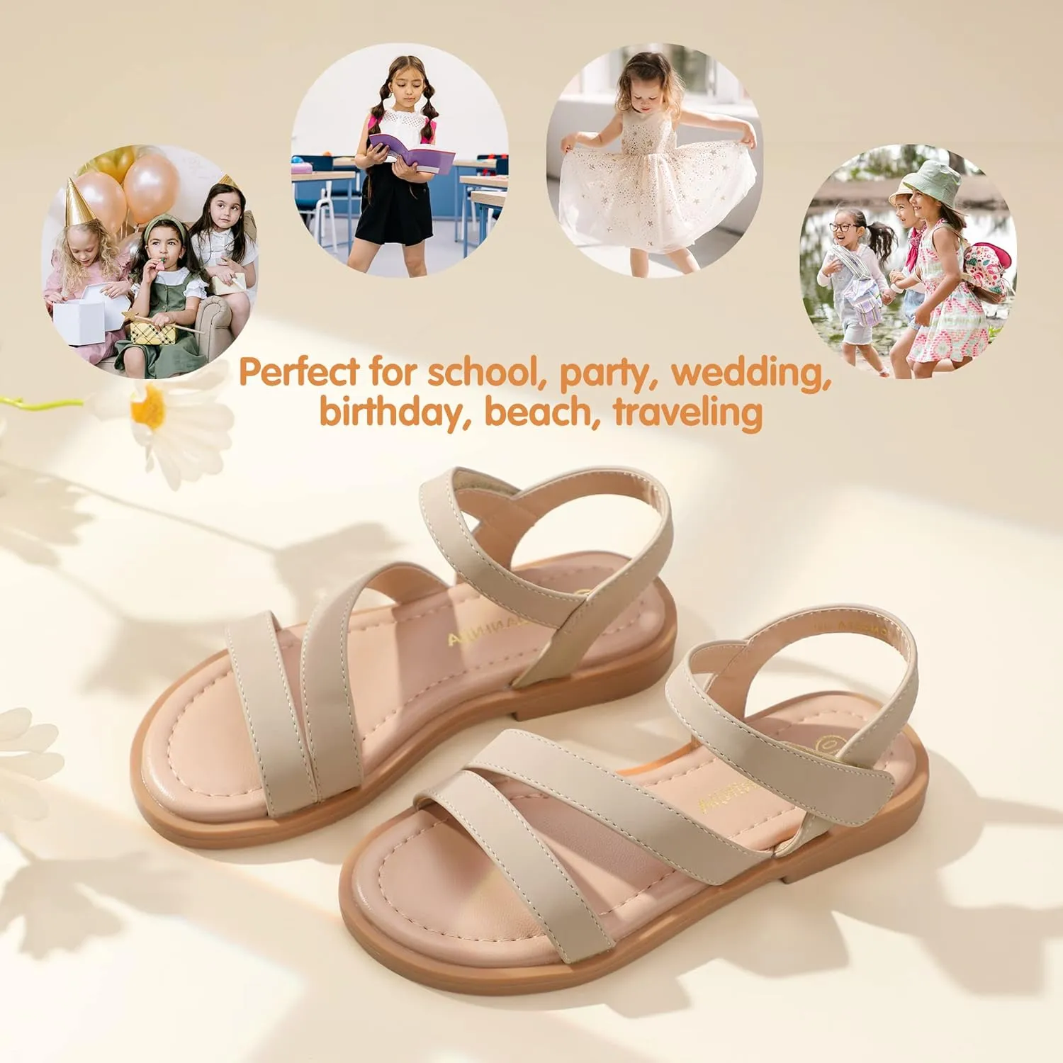PANDANINJIA Girls Sandals Monica Summer Open Toe Flats Shoes Dress Sandals for Toddler Little Kid Big Kid