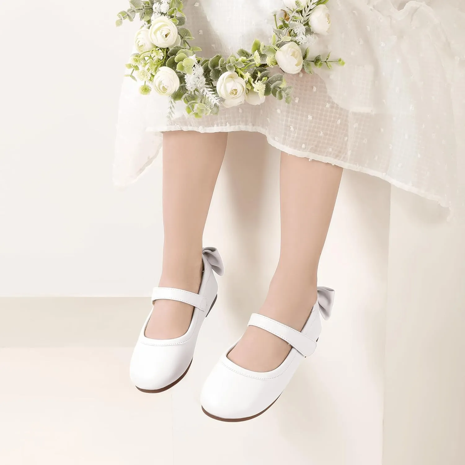 PANDANINJIA Toddler/Little Kid Girl's Angela Dress Mary Jane Ballet Flats Bow Flower Girl Wedding Party Ballerina Flat Shoes