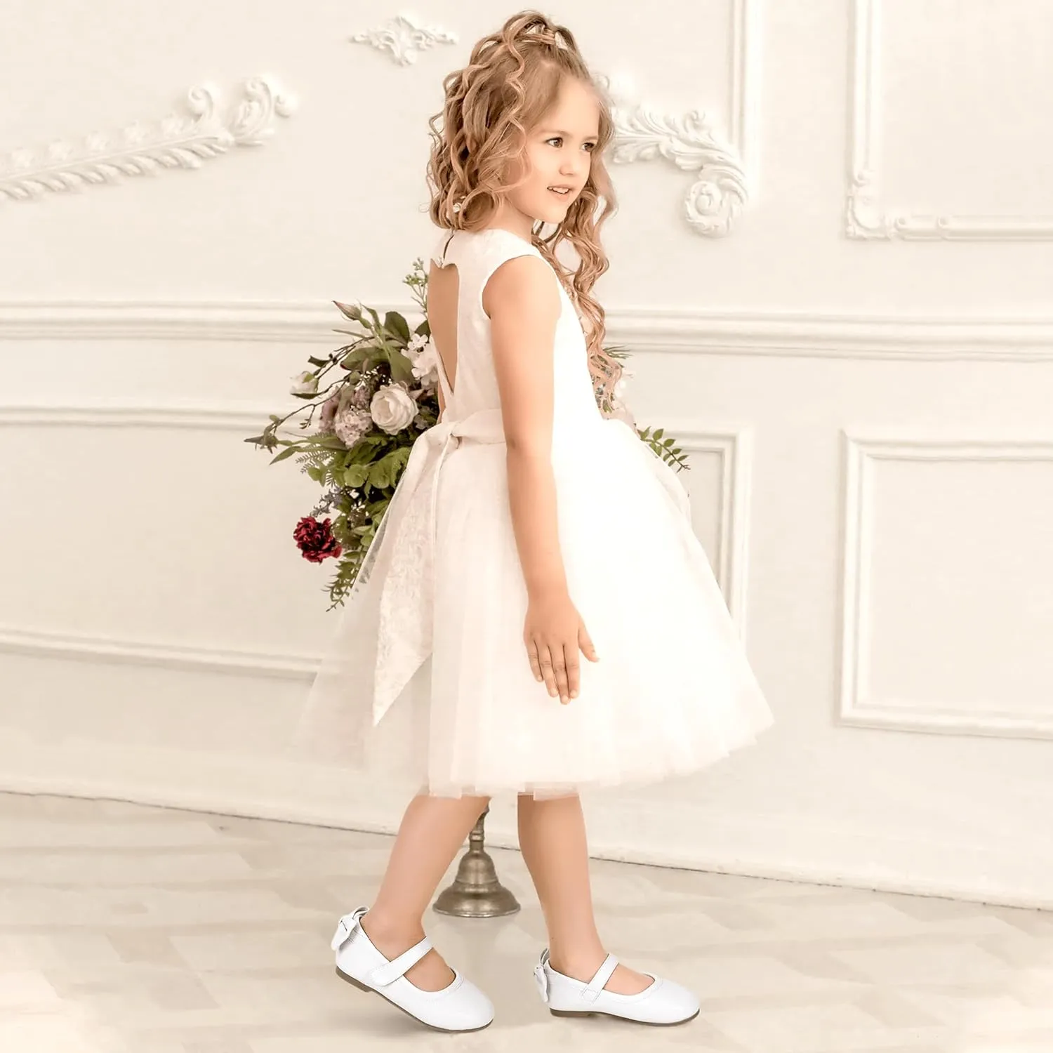 PANDANINJIA Toddler/Little Kid Girl's Angela Dress Mary Jane Ballet Flats Bow Flower Girl Wedding Party Ballerina Flat Shoes