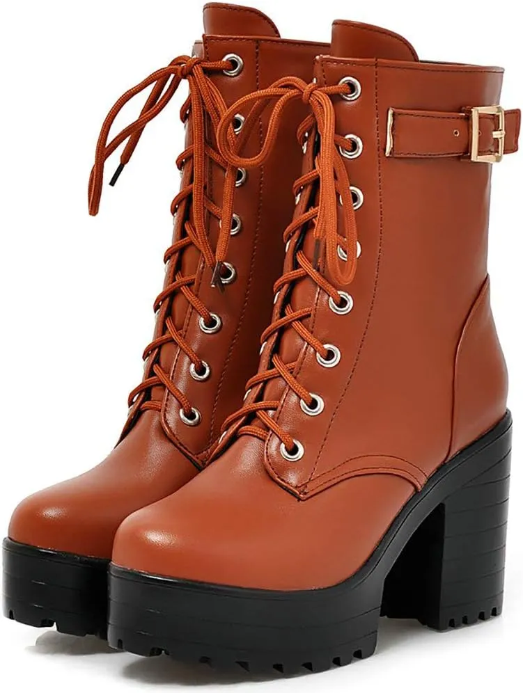 Parisuit Women's Chunky Heel Lace Up Combat Boots Platform High Heel Ankle Boots Goth Buckle Motorcycle Shoes