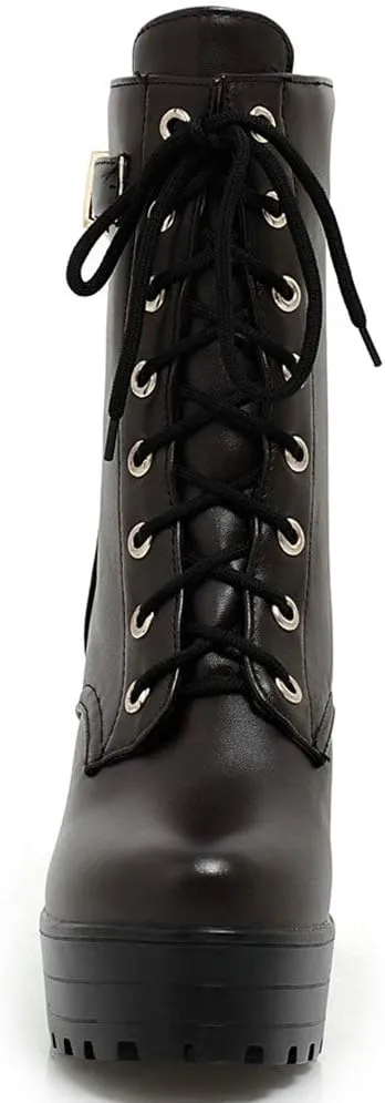 Parisuit Women's Chunky Heel Lace Up Combat Boots Platform High Heel Ankle Boots Goth Buckle Motorcycle Shoes