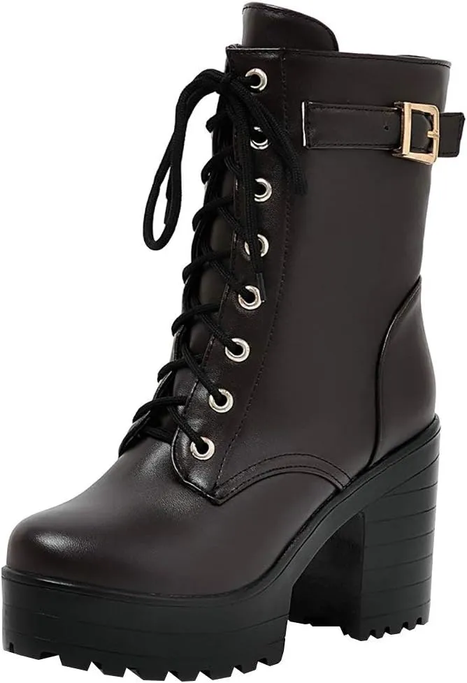 Parisuit Women's Chunky Heel Lace Up Combat Boots Platform High Heel Ankle Boots Goth Buckle Motorcycle Shoes