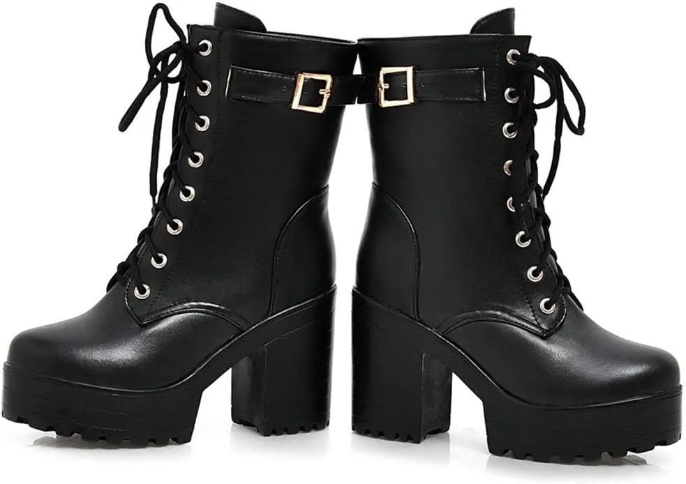 Parisuit Women's Chunky Heel Lace Up Combat Boots Platform High Heel Ankle Boots Goth Buckle Motorcycle Shoes