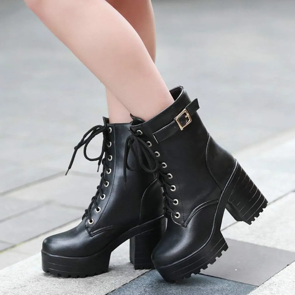 Parisuit Women's Chunky Heel Lace Up Combat Boots Platform High Heel Ankle Boots Goth Buckle Motorcycle Shoes