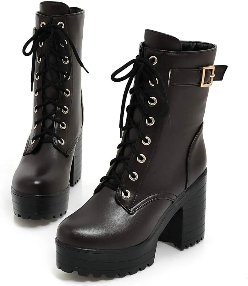 Parisuit Women's Chunky Heel Lace Up Combat Boots Platform High Heel Ankle Boots Goth Buckle Motorcycle Shoes