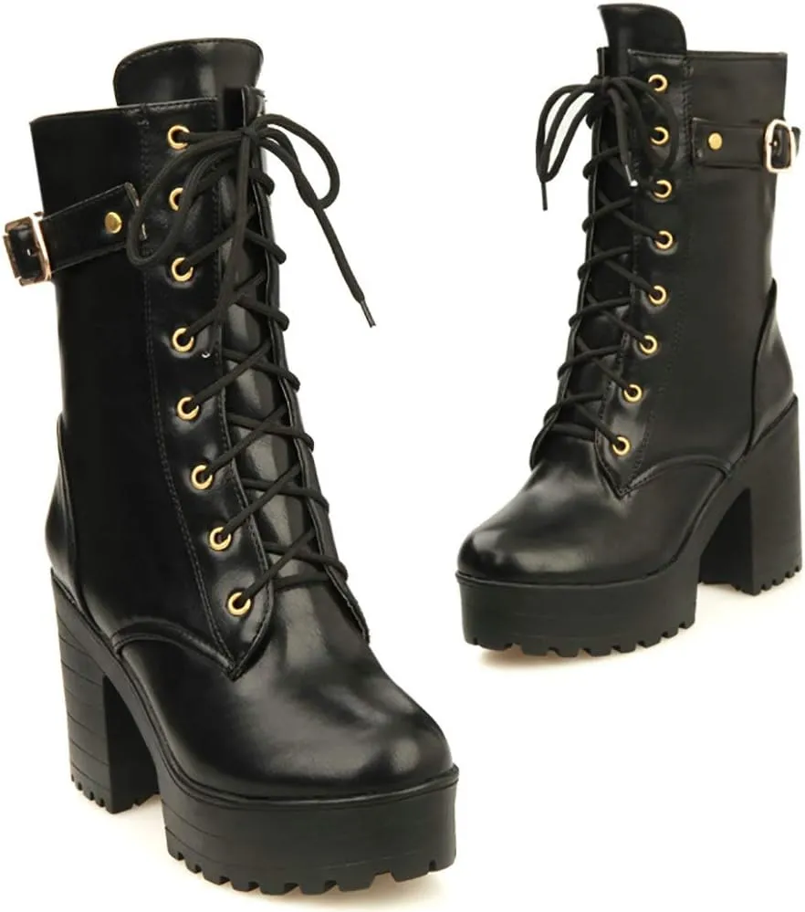 Parisuit Women's Chunky Heel Lace Up Combat Boots Platform High Heel Ankle Boots Goth Buckle Motorcycle Shoes