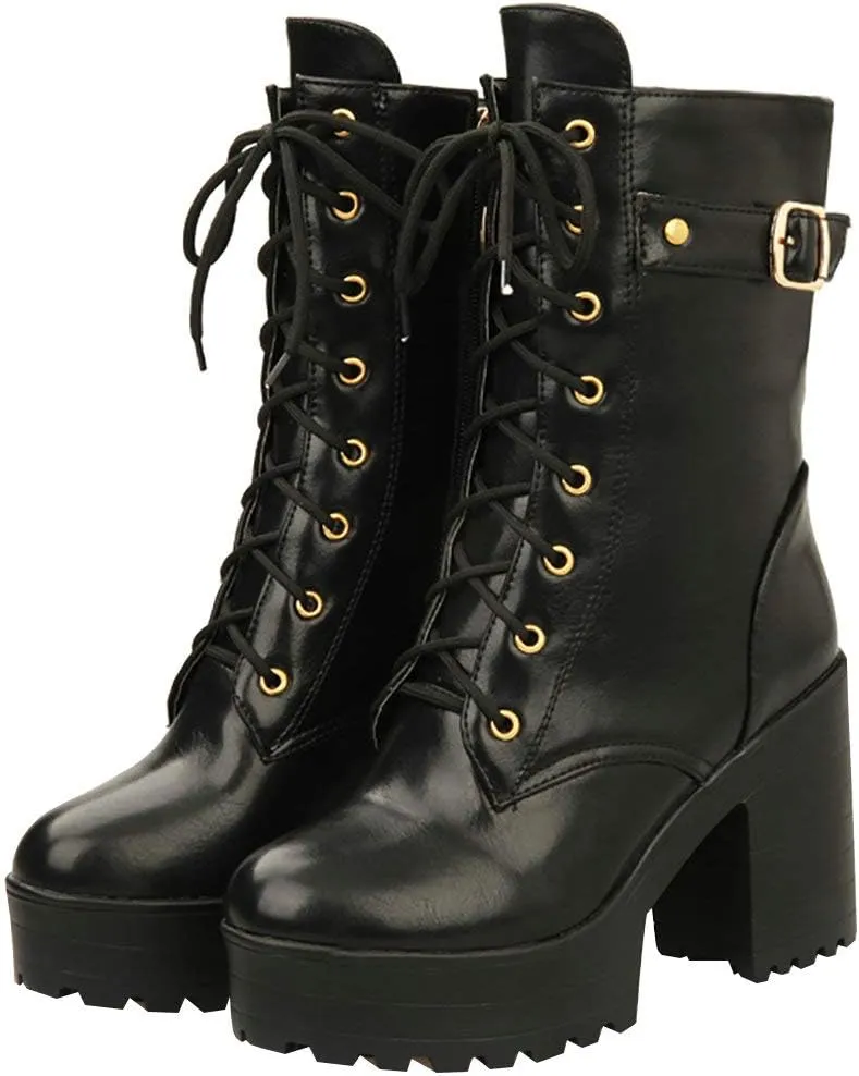 Parisuit Women's Chunky Heel Lace Up Combat Boots Platform High Heel Ankle Boots Goth Buckle Motorcycle Shoes