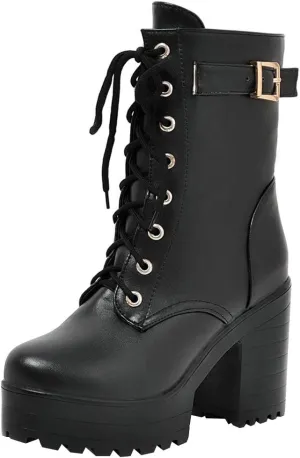 Parisuit Women's Chunky Heel Lace Up Combat Boots Platform High Heel Ankle Boots Goth Buckle Motorcycle Shoes