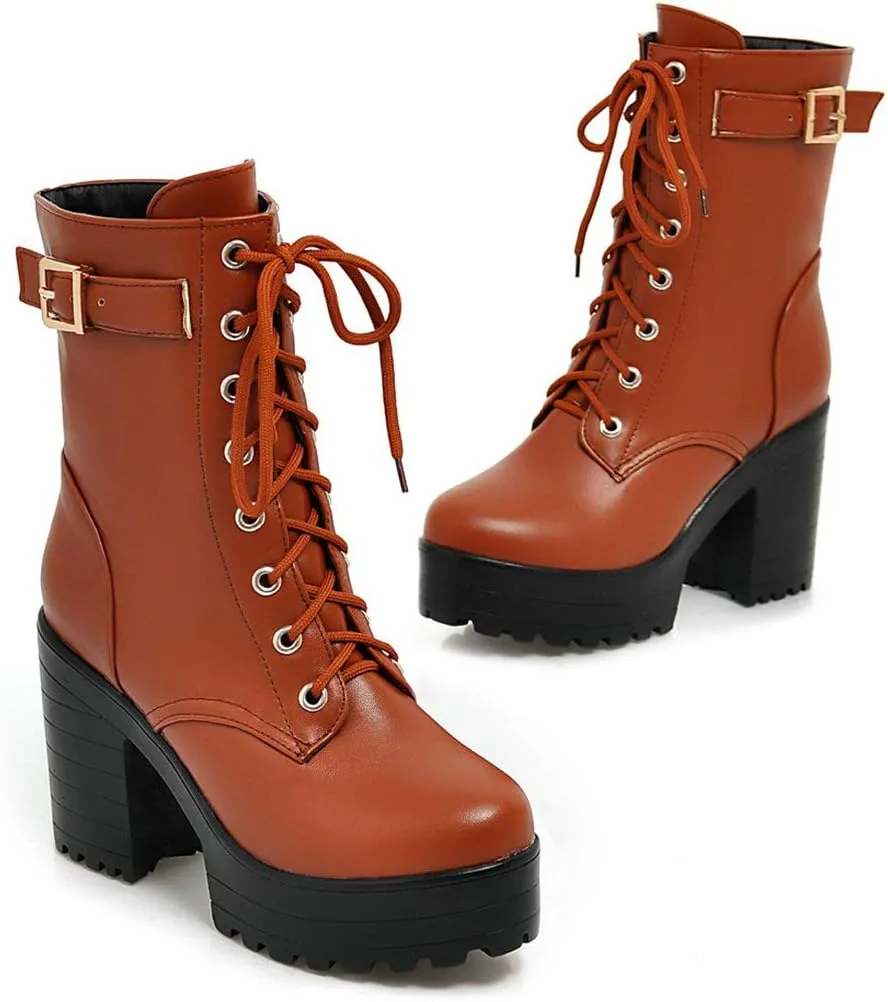 Parisuit Women's Chunky Heel Lace Up Combat Boots Platform High Heel Ankle Boots Goth Buckle Motorcycle Shoes