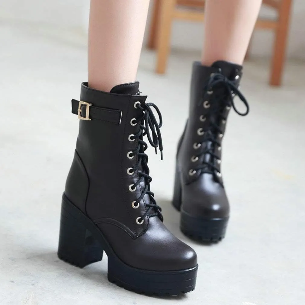 Parisuit Women's Chunky Heel Lace Up Combat Boots Platform High Heel Ankle Boots Goth Buckle Motorcycle Shoes