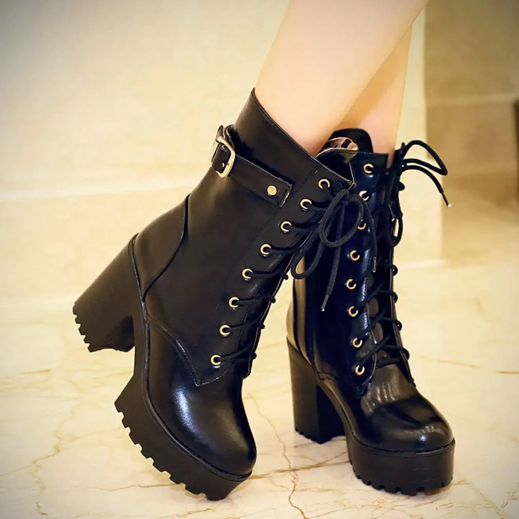 Parisuit Women's Chunky Heel Lace Up Combat Boots Platform High Heel Ankle Boots Goth Buckle Motorcycle Shoes