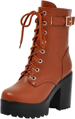 Parisuit Women's Chunky Heel Lace Up Combat Boots Platform High Heel Ankle Boots Goth Buckle Motorcycle Shoes