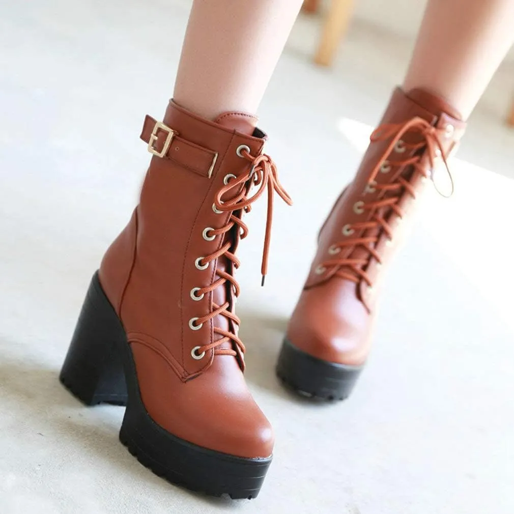 Parisuit Women's Chunky Heel Lace Up Combat Boots Platform High Heel Ankle Boots Goth Buckle Motorcycle Shoes