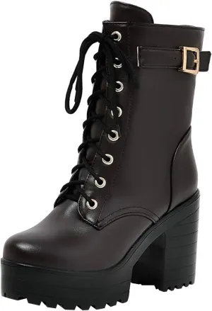 Parisuit Women's Chunky Heel Lace Up Combat Boots Platform High Heel Ankle Boots Goth Buckle Motorcycle Shoes