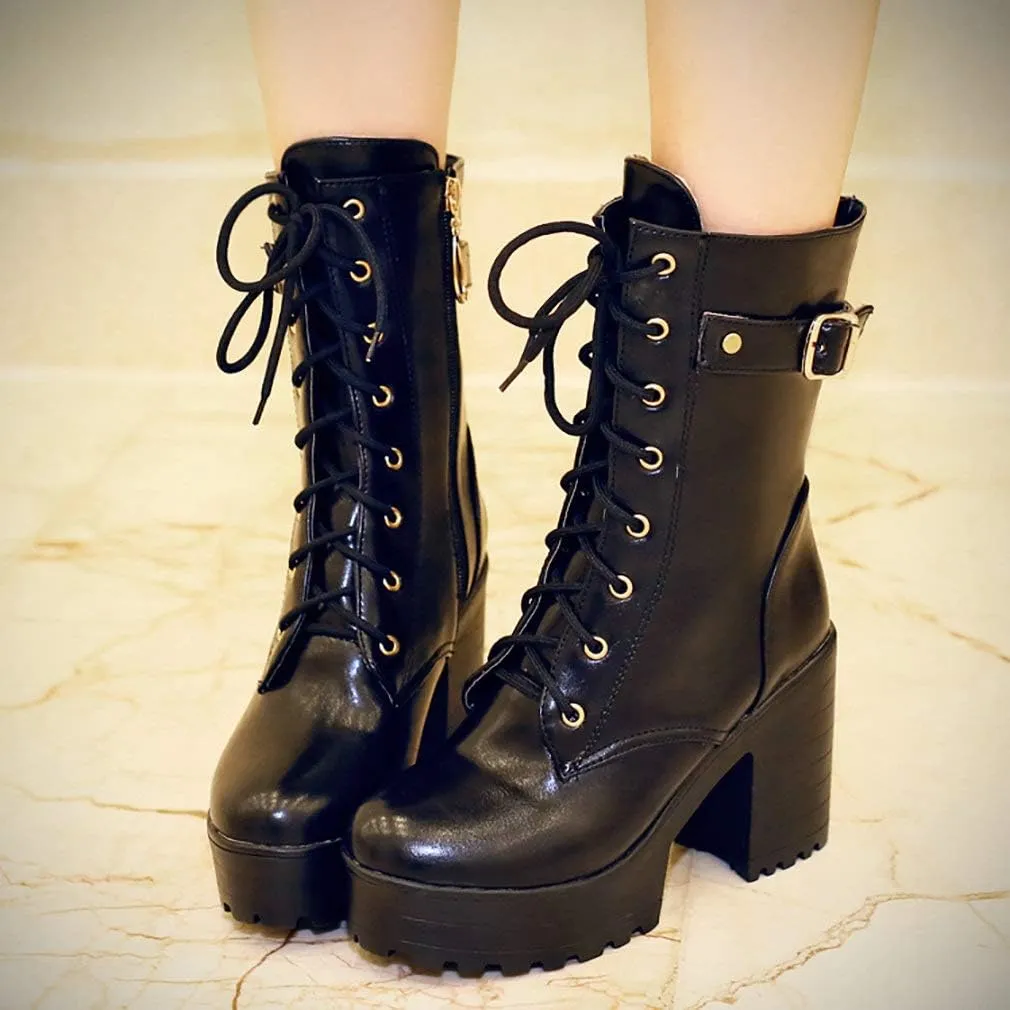 Parisuit Women's Chunky Heel Lace Up Combat Boots Platform High Heel Ankle Boots Goth Buckle Motorcycle Shoes