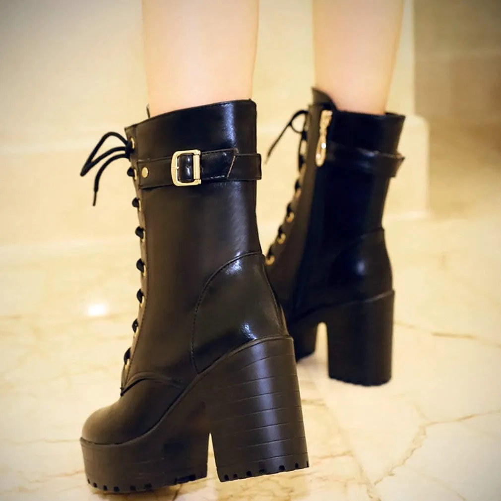 Parisuit Women's Chunky Heel Lace Up Combat Boots Platform High Heel Ankle Boots Goth Buckle Motorcycle Shoes