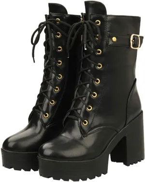 Parisuit Women's Chunky Heel Lace Up Combat Boots Platform High Heel Ankle Boots Goth Buckle Motorcycle Shoes
