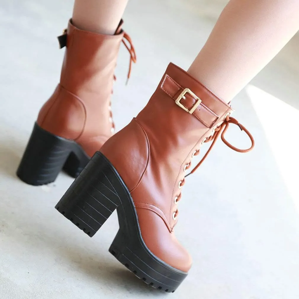 Parisuit Women's Chunky Heel Lace Up Combat Boots Platform High Heel Ankle Boots Goth Buckle Motorcycle Shoes