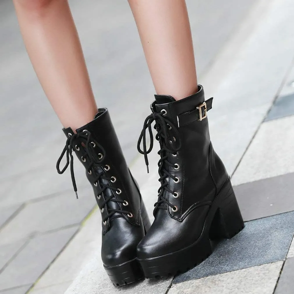 Parisuit Women's Chunky Heel Lace Up Combat Boots Platform High Heel Ankle Boots Goth Buckle Motorcycle Shoes