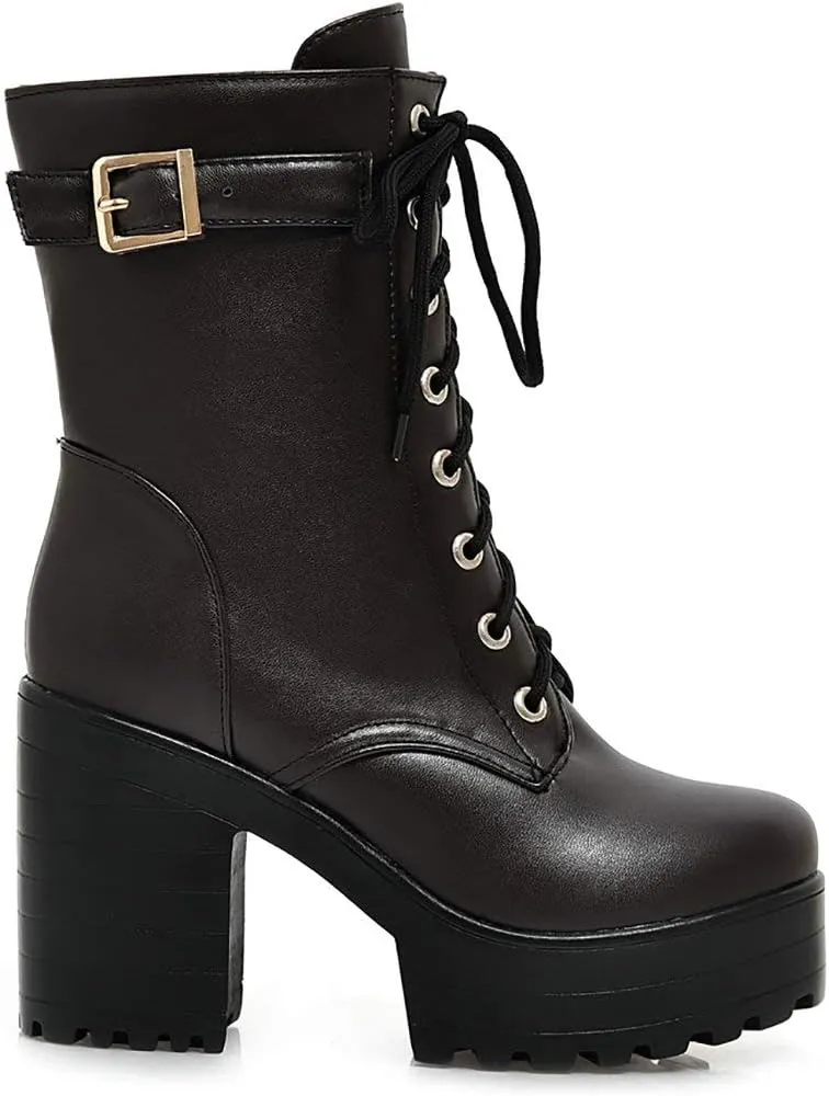 Parisuit Women's Chunky Heel Lace Up Combat Boots Platform High Heel Ankle Boots Goth Buckle Motorcycle Shoes