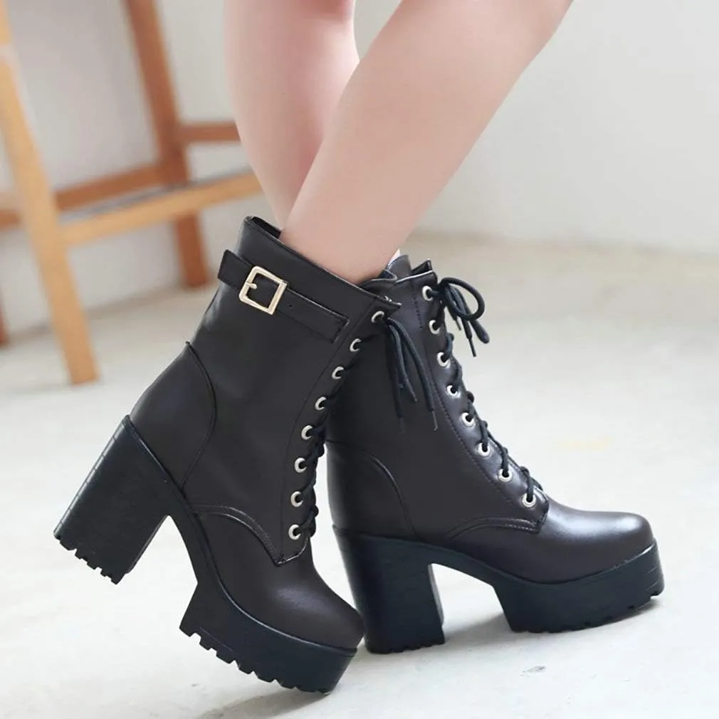 Parisuit Women's Chunky Heel Lace Up Combat Boots Platform High Heel Ankle Boots Goth Buckle Motorcycle Shoes