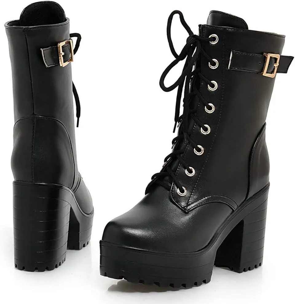 Parisuit Women's Chunky Heel Lace Up Combat Boots Platform High Heel Ankle Boots Goth Buckle Motorcycle Shoes