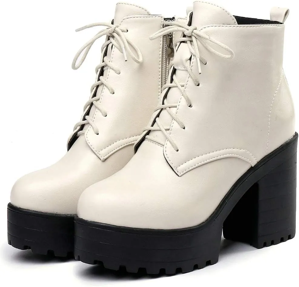 Parisuit Women's Chunky Lace Up Booties Platform High Heel Ankle Boots Fashion Autumn Winter Shoes