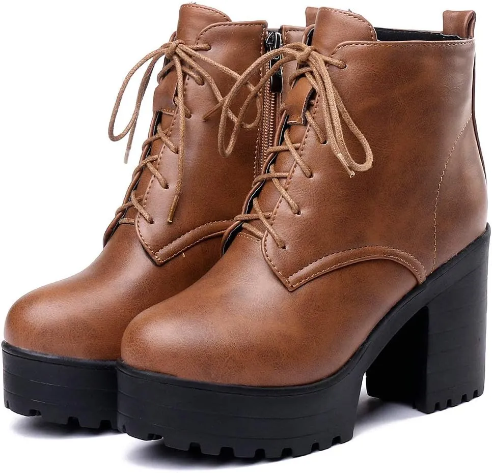 Parisuit Women's Chunky Lace Up Booties Platform High Heel Ankle Boots Fashion Autumn Winter Shoes