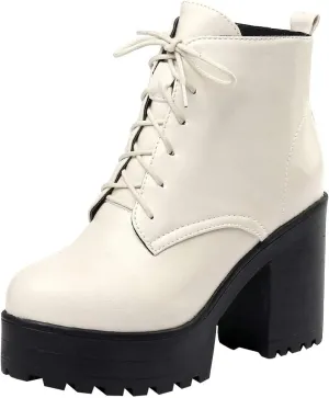 Parisuit Women's Chunky Lace Up Booties Platform High Heel Ankle Boots Fashion Autumn Winter Shoes