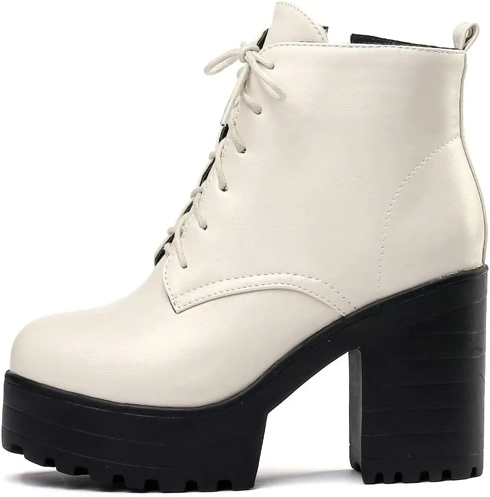 Parisuit Women's Chunky Lace Up Booties Platform High Heel Ankle Boots Fashion Autumn Winter Shoes