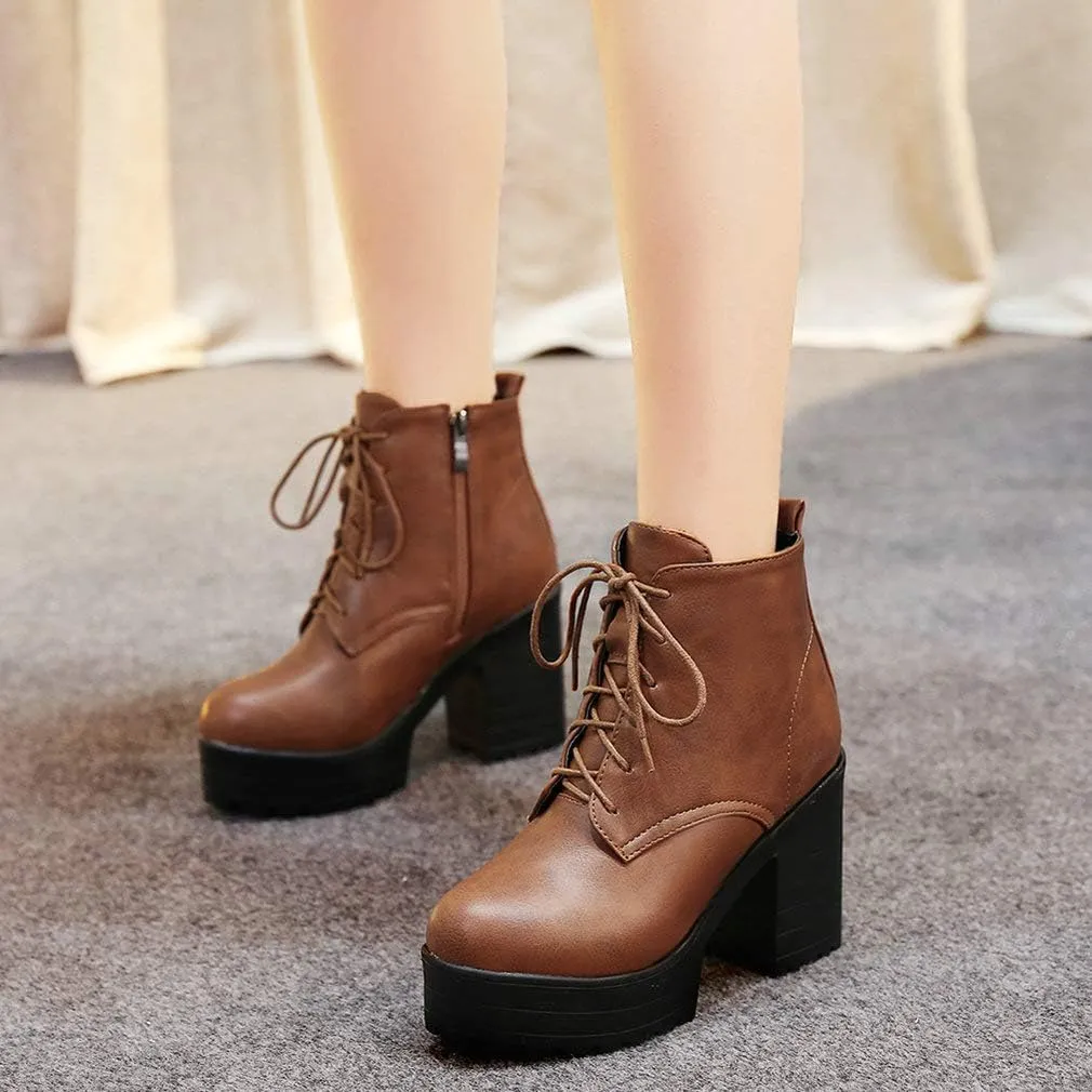 Parisuit Women's Chunky Lace Up Booties Platform High Heel Ankle Boots Fashion Autumn Winter Shoes