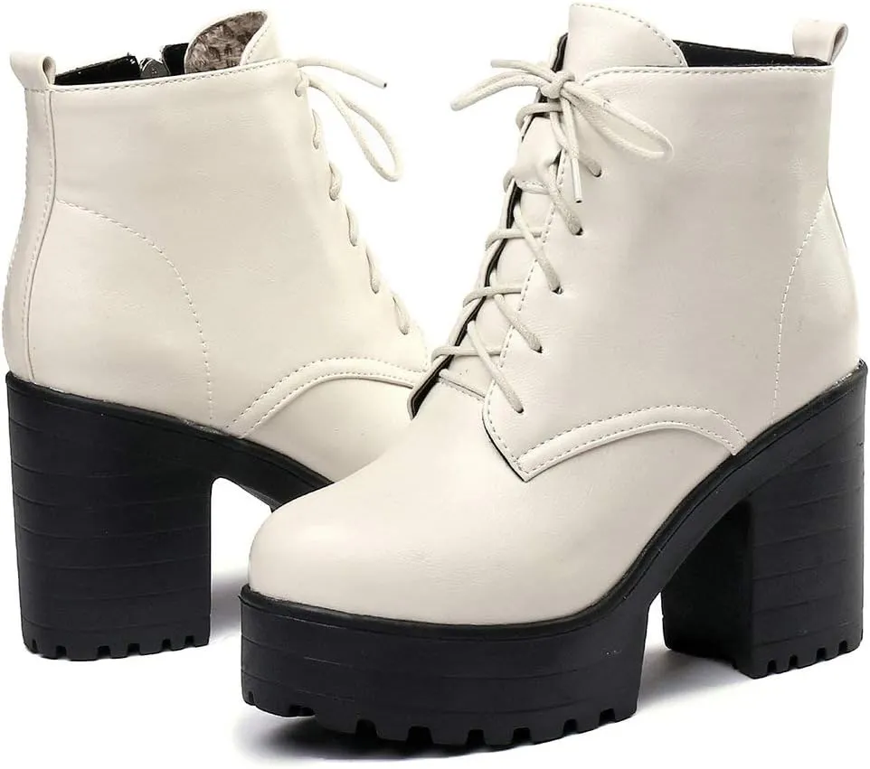 Parisuit Women's Chunky Lace Up Booties Platform High Heel Ankle Boots Fashion Autumn Winter Shoes
