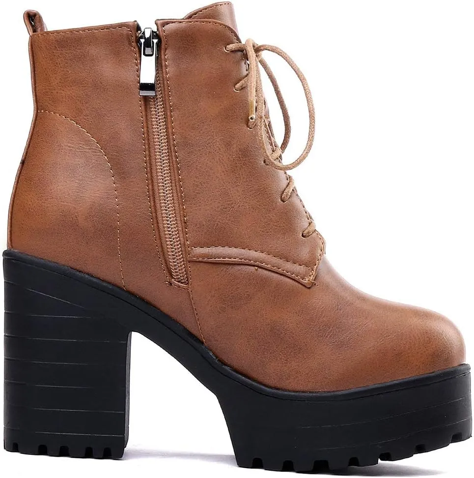 Parisuit Women's Chunky Lace Up Booties Platform High Heel Ankle Boots Fashion Autumn Winter Shoes