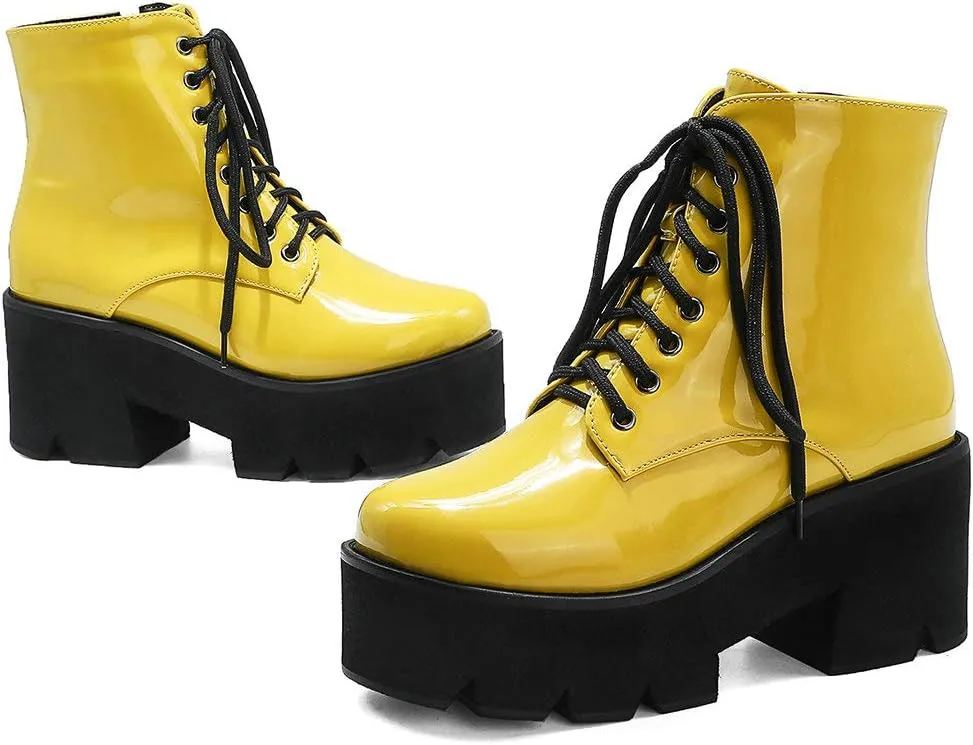 Parisuit Womens Goth Patent Ankle Boots Platform Chunky High Heel Lace Up Combat Boots Punk Short Booties