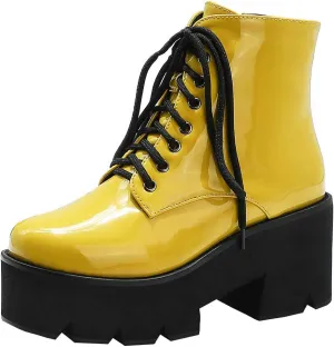 Parisuit Womens Goth Patent Ankle Boots Platform Chunky High Heel Lace Up Combat Boots Punk Short Booties