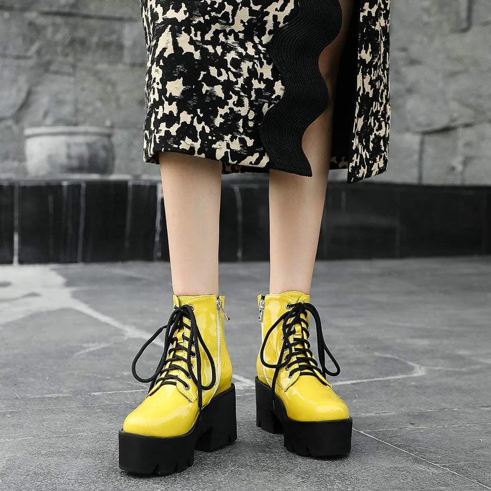 Parisuit Womens Goth Patent Ankle Boots Platform Chunky High Heel Lace Up Combat Boots Punk Short Booties