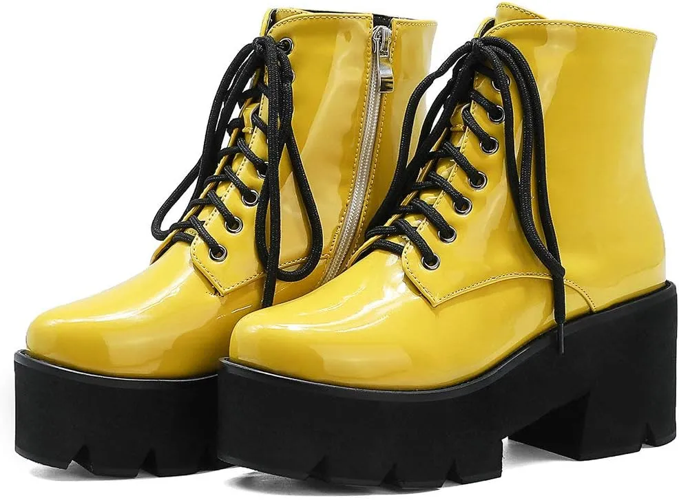 Parisuit Womens Goth Patent Ankle Boots Platform Chunky High Heel Lace Up Combat Boots Punk Short Booties