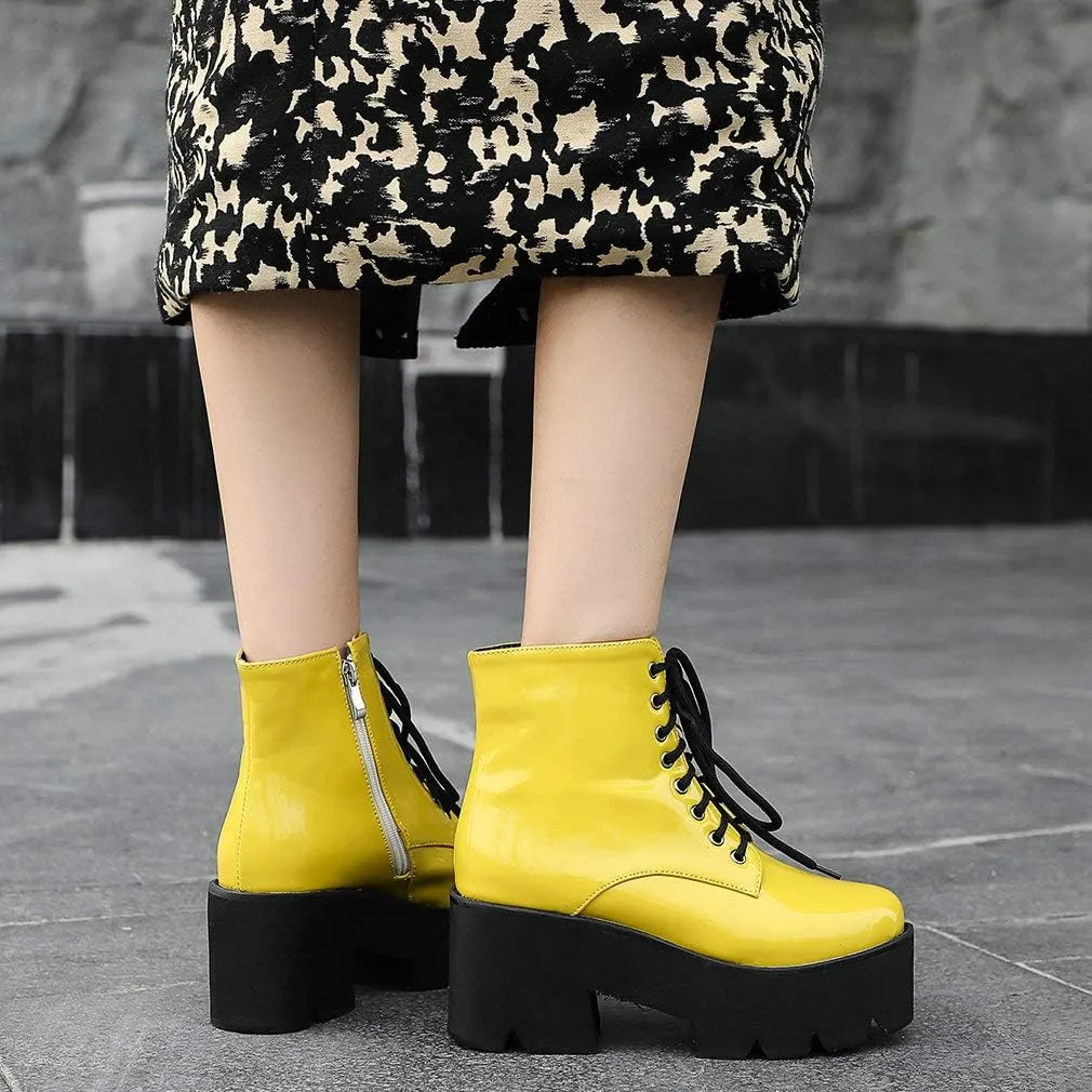 Parisuit Womens Goth Patent Ankle Boots Platform Chunky High Heel Lace Up Combat Boots Punk Short Booties