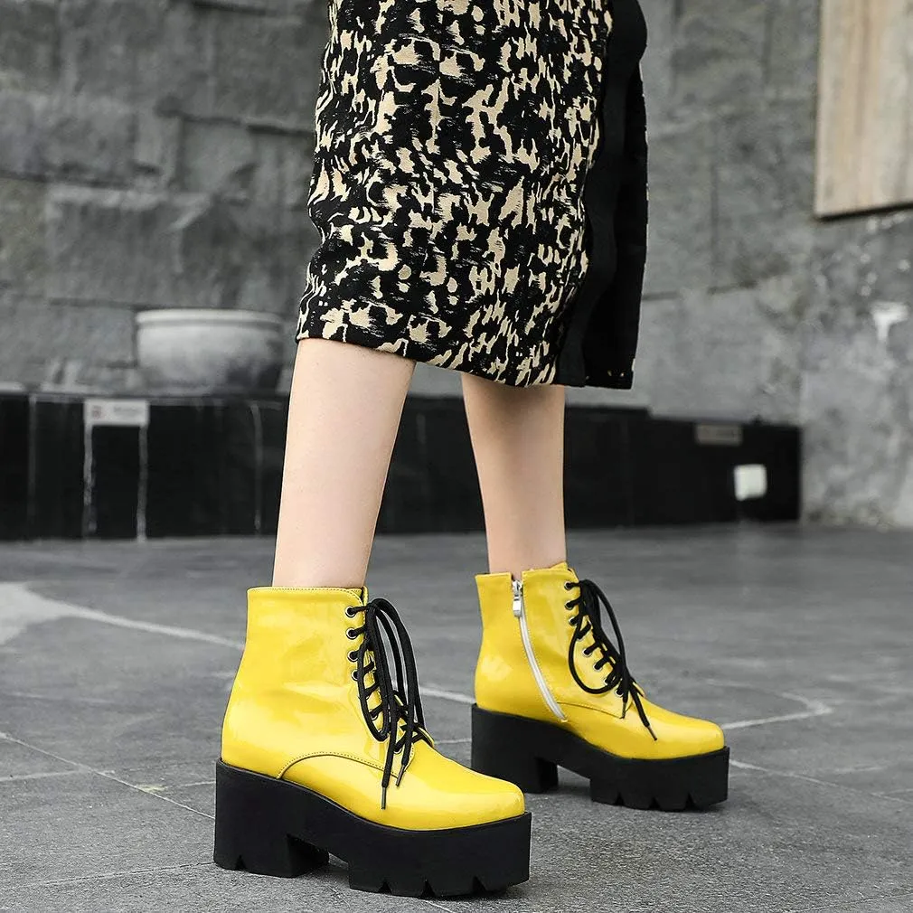 Parisuit Womens Goth Patent Ankle Boots Platform Chunky High Heel Lace Up Combat Boots Punk Short Booties