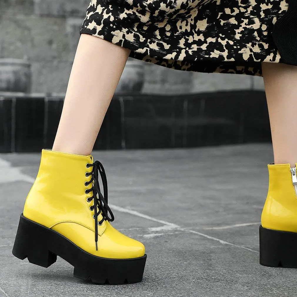 Parisuit Womens Goth Patent Ankle Boots Platform Chunky High Heel Lace Up Combat Boots Punk Short Booties