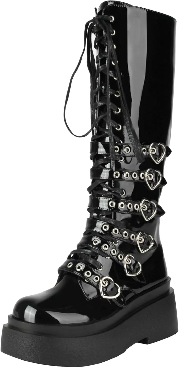 Parisuit Women's Knee High Goth Platform Buckle Boots Chunky High Heel Lace Up Punk Combat Boots with Chain