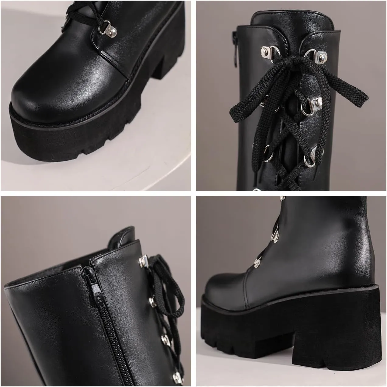 Parisuit Women's Knee High Goth Platform Buckle Boots Chunky High Heel Lace Up Punk Combat Boots with Chain