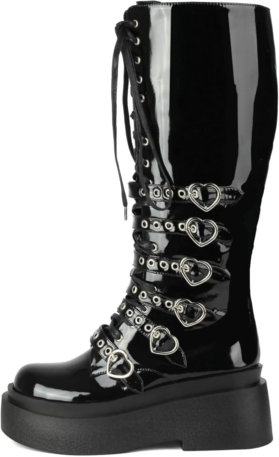 Parisuit Women's Knee High Goth Platform Buckle Boots Chunky High Heel Lace Up Punk Combat Boots with Chain