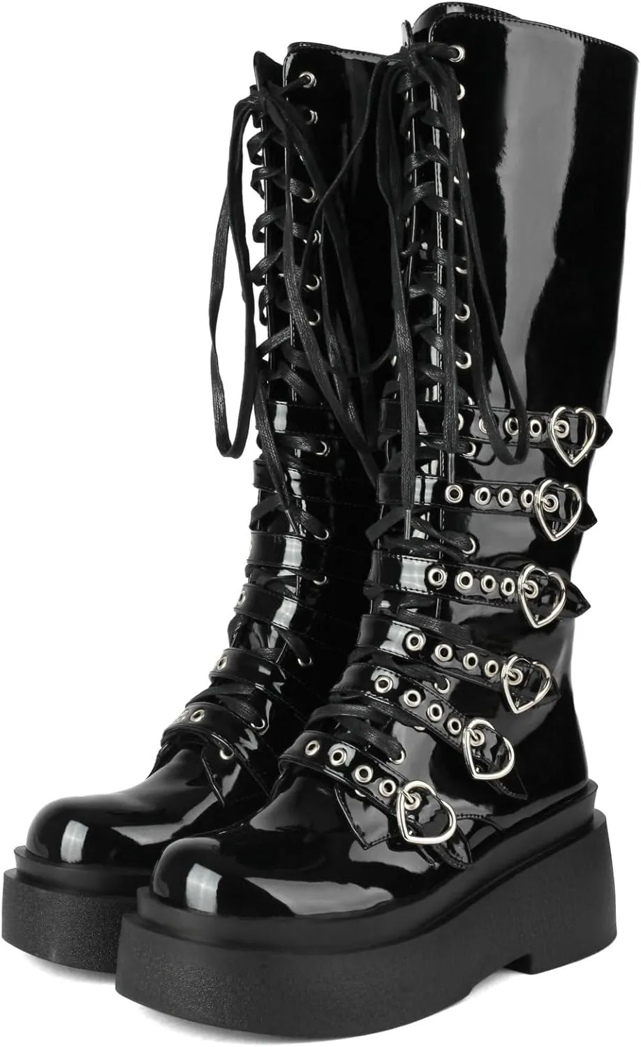 Parisuit Women's Knee High Goth Platform Buckle Boots Chunky High Heel Lace Up Punk Combat Boots with Chain