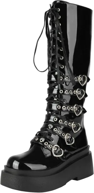 Parisuit Women's Knee High Goth Platform Buckle Boots Chunky High Heel Lace Up Punk Combat Boots with Chain
