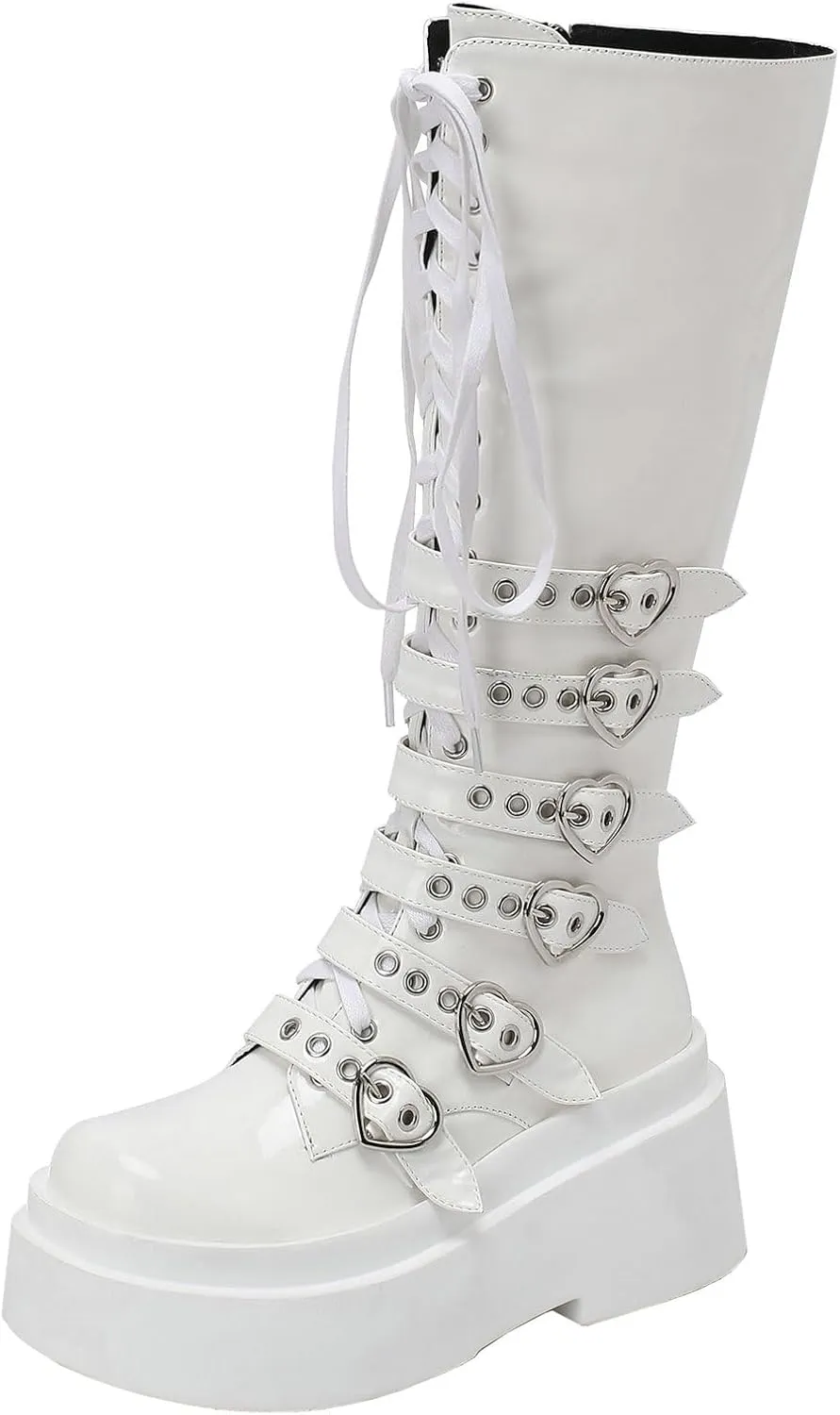 Parisuit Women's Knee High Goth Platform Buckle Boots Chunky High Heel Lace Up Punk Combat Boots with Chain